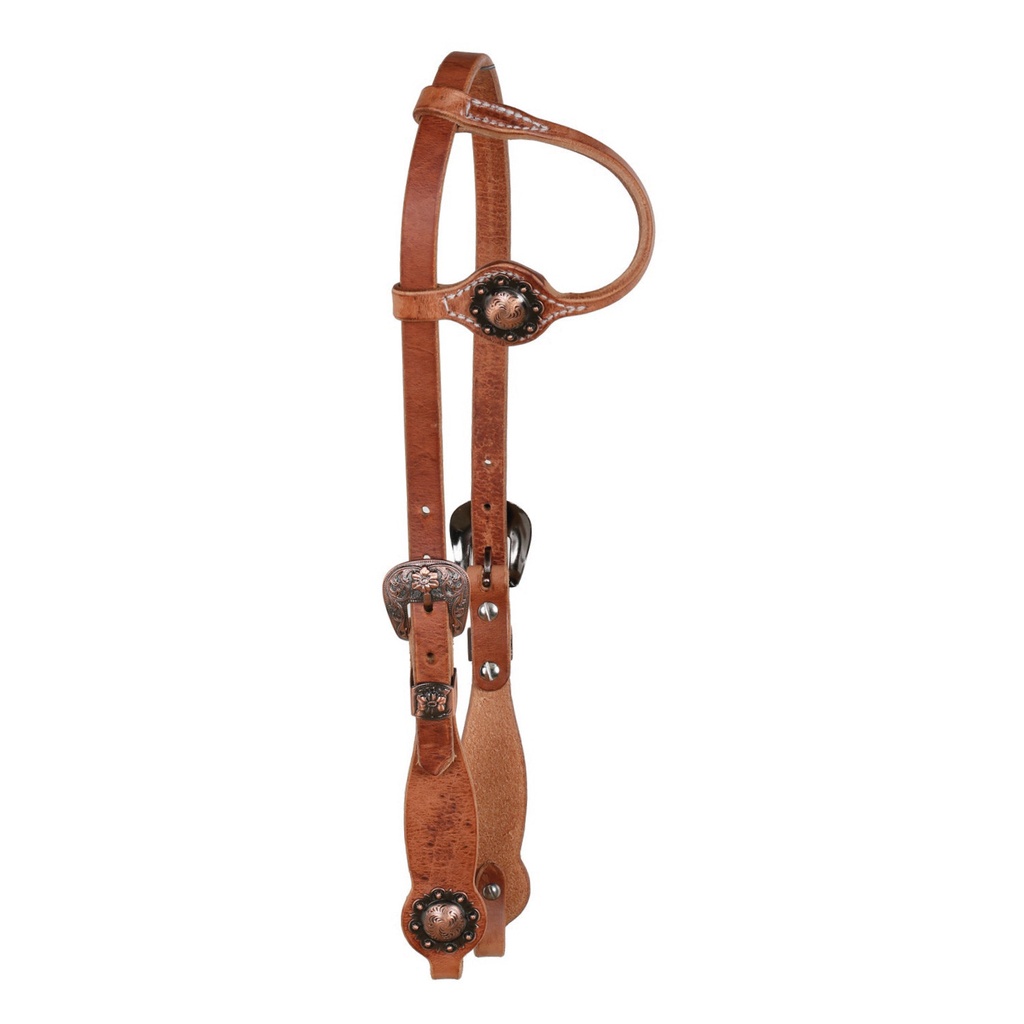Fivela floral de cobre com uma orelha e concho floral, cabeçada western com óleo
