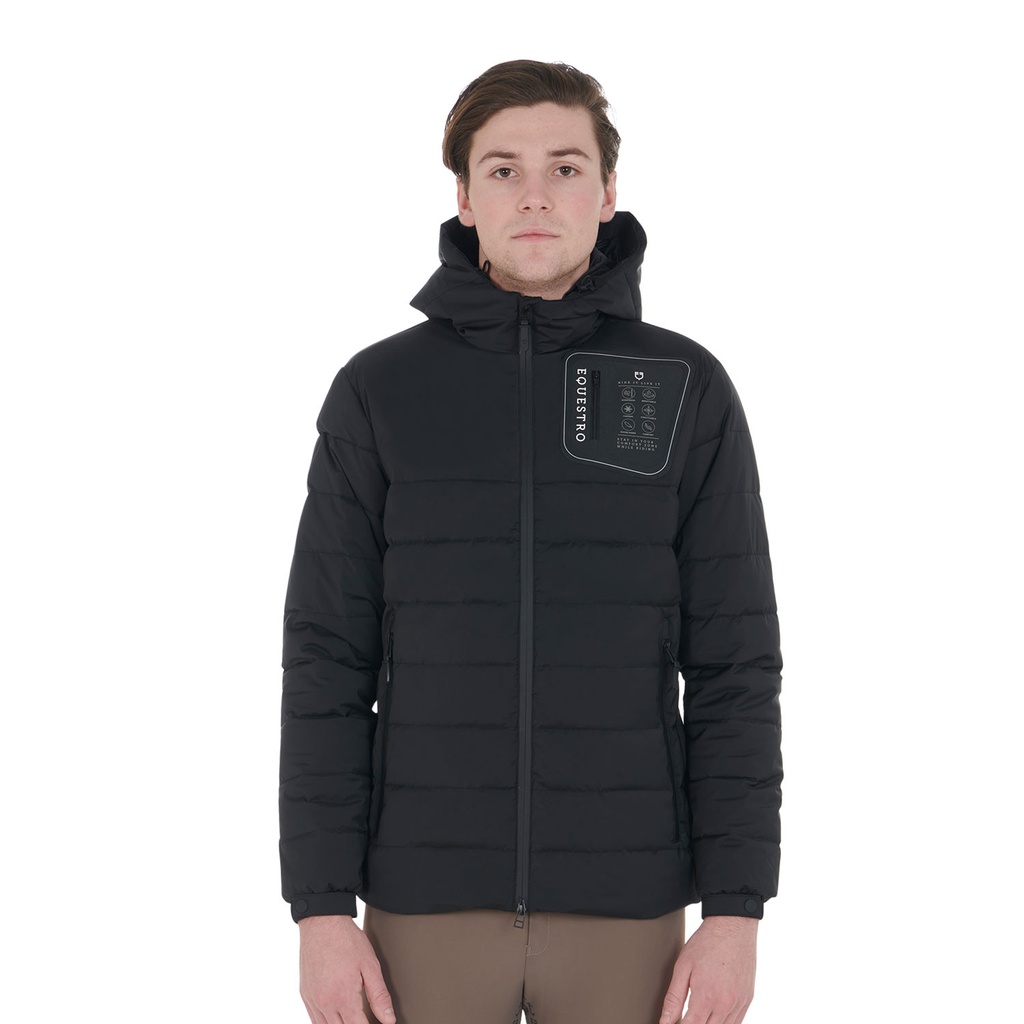 Jaqueta puffer masculina tecido elástico com patch de silicone
