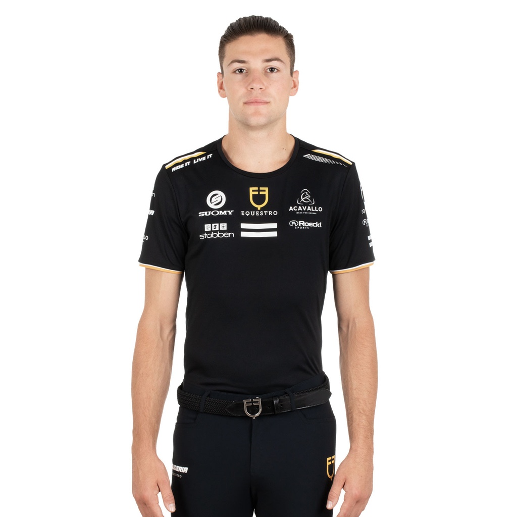Camiseta masculina multilogo tecido técnico