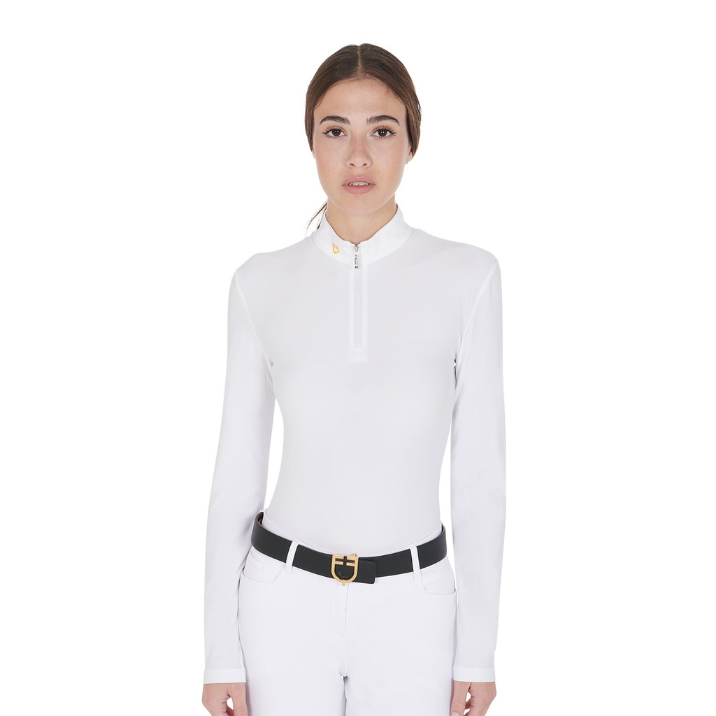 Polo feminino de manga longa em tecido técnico felpado