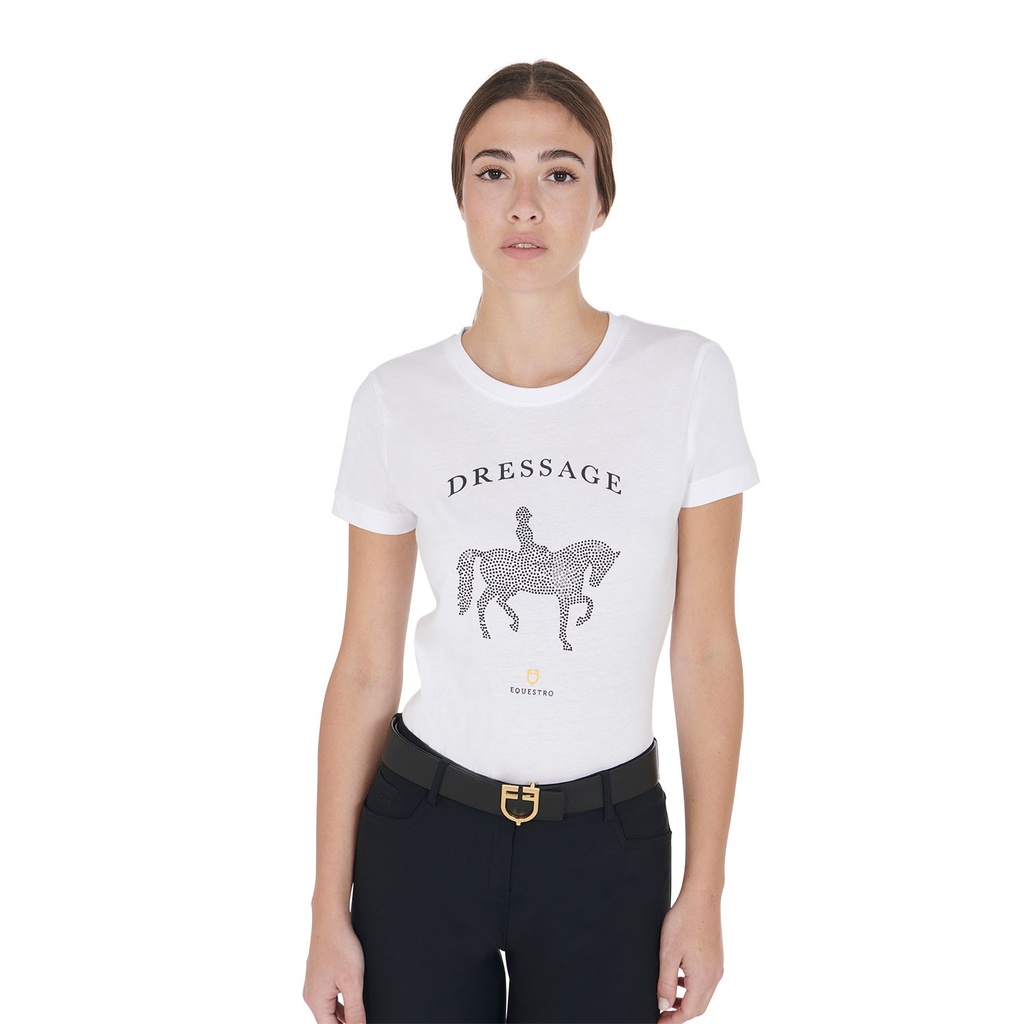 Camiseta feminina slim fit desenho dressage com strass