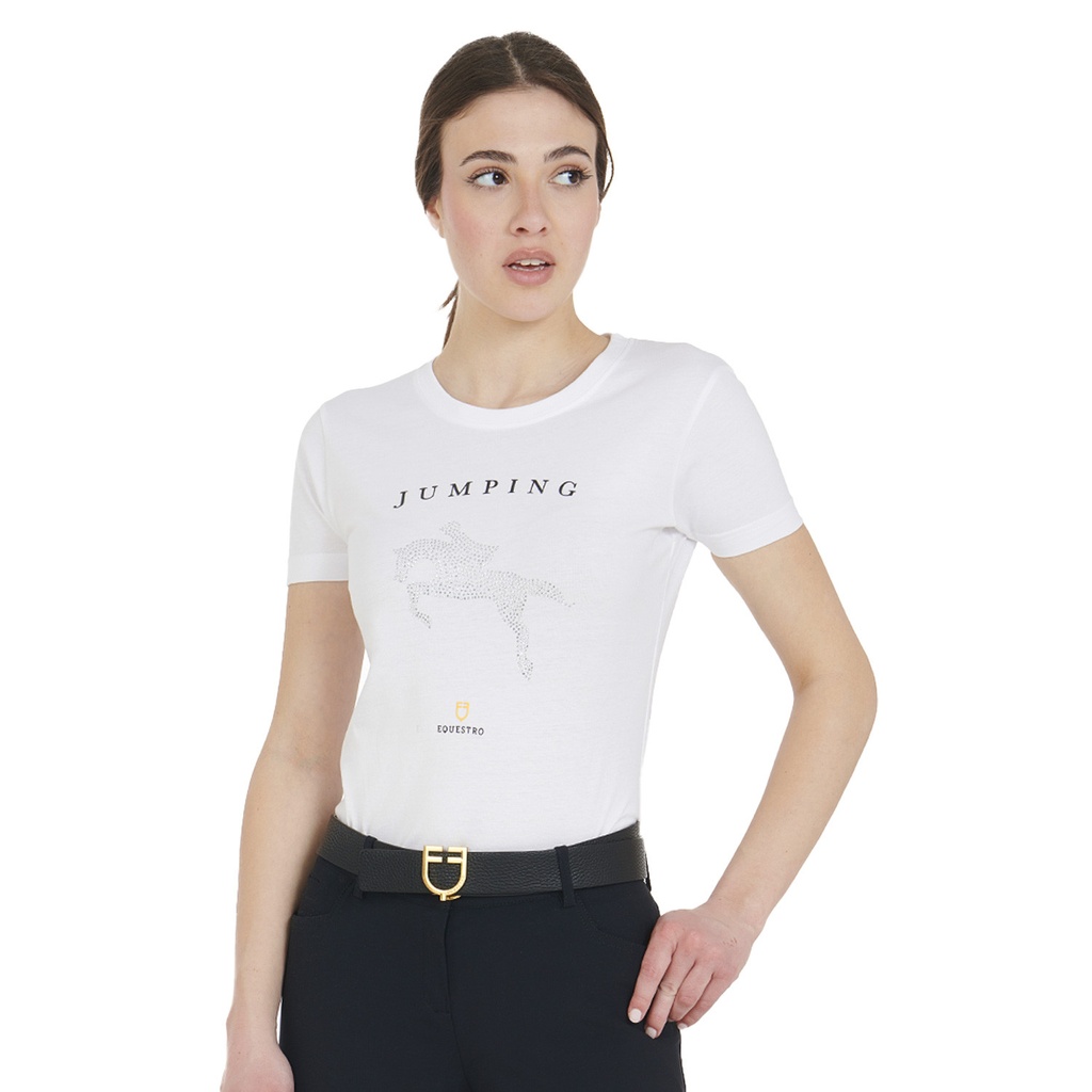 Camiseta feminina slim fit com desenho de salto com strass