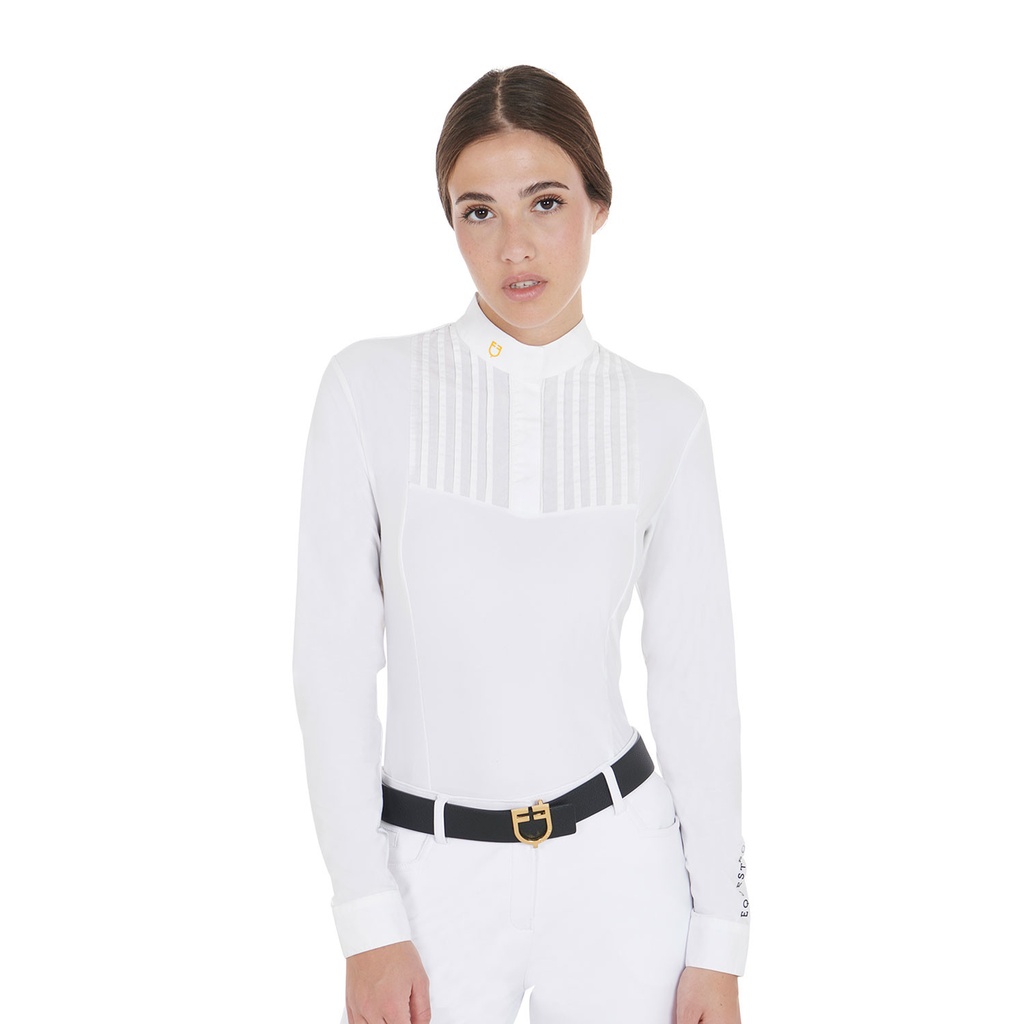 Polo feminino slim fit com algodão plissado