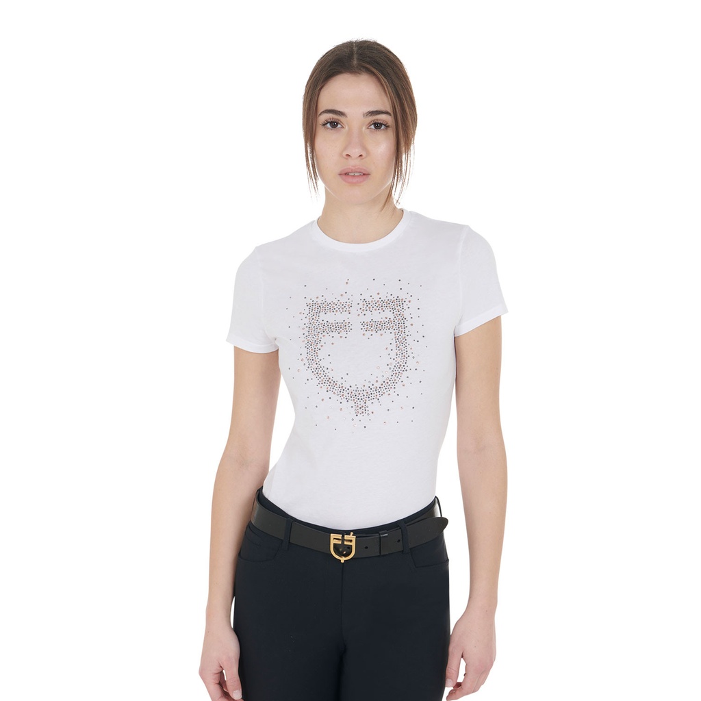 Camiseta feminina slim fit com logo de strass rosa