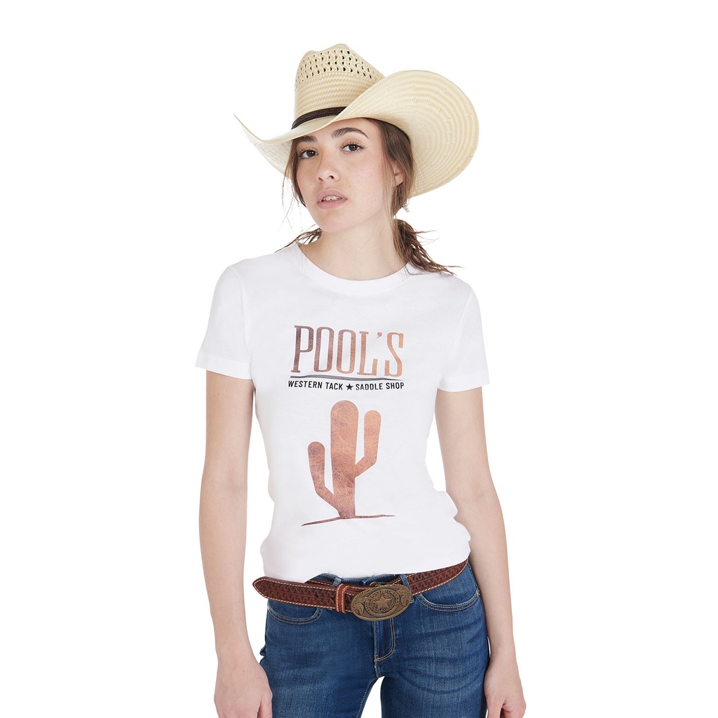 Camiseta feminina slim fit com cacto efeito couro