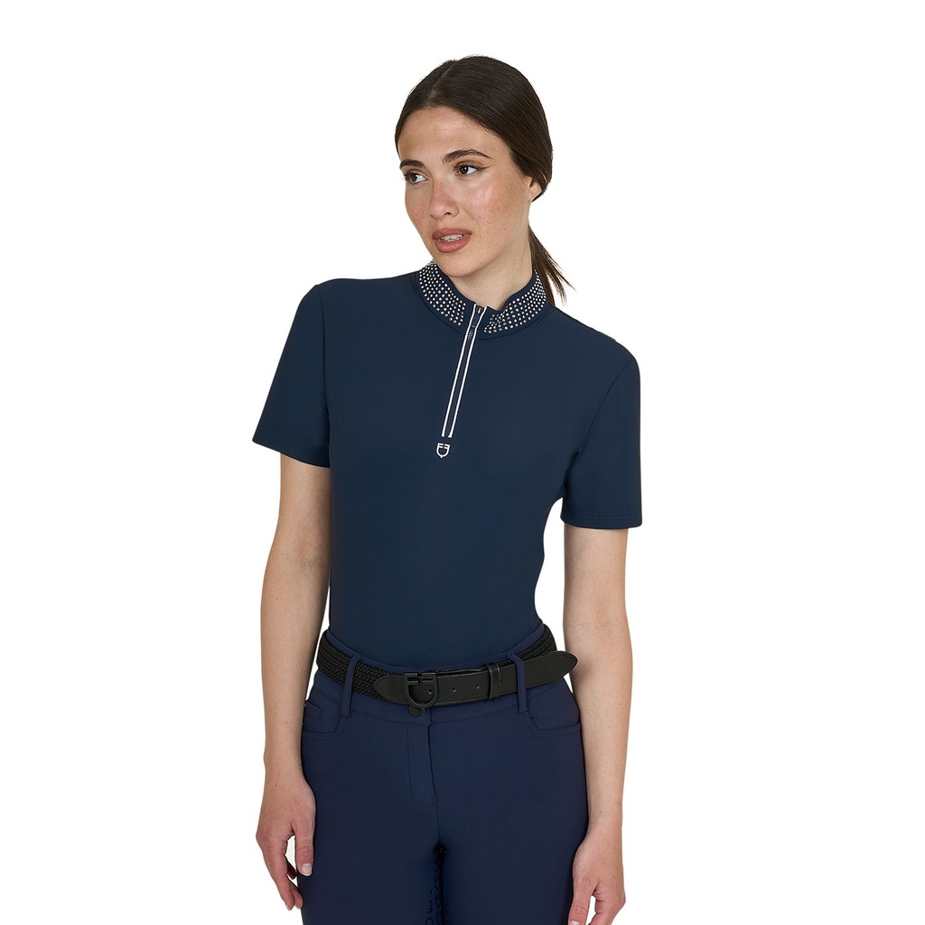 Polo de treino feminino slim fit com zíper e strass na gola