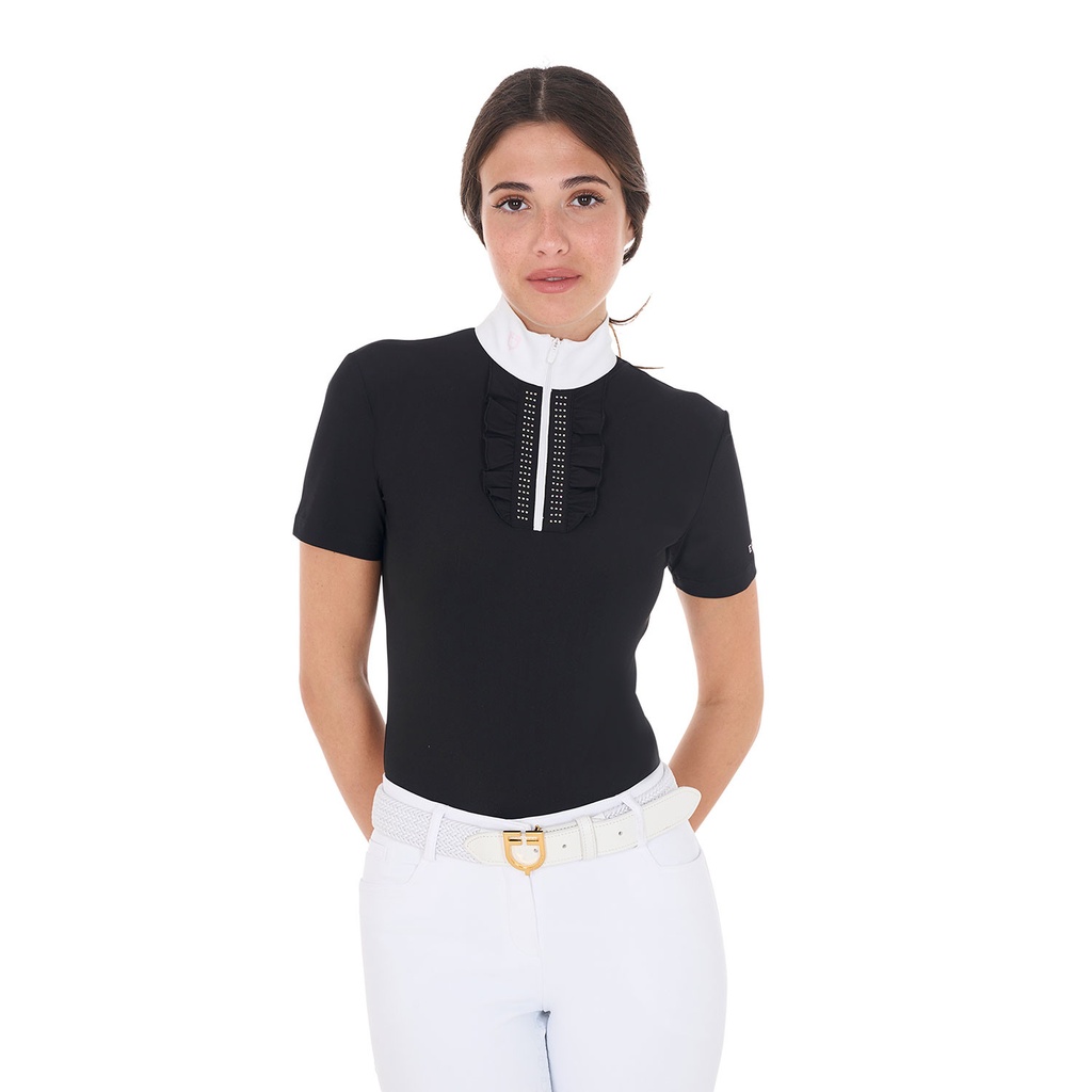 Polo feminino slim fit com babados e strass
