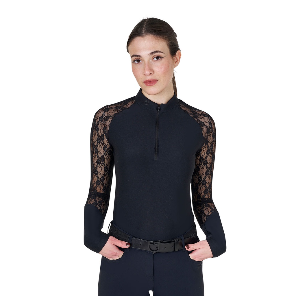 Camisa polo feminina Black Label Training de manga longa com zíper e renda