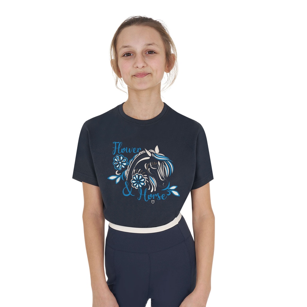 Camiseta de algodão com flor e cavalo para menina