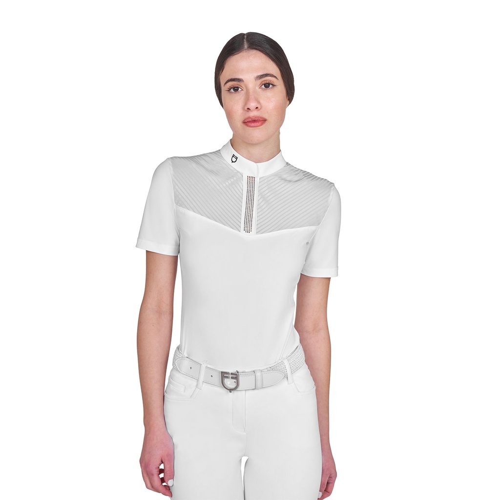Polo feminino slim fit com inserções em tecido tipo seda