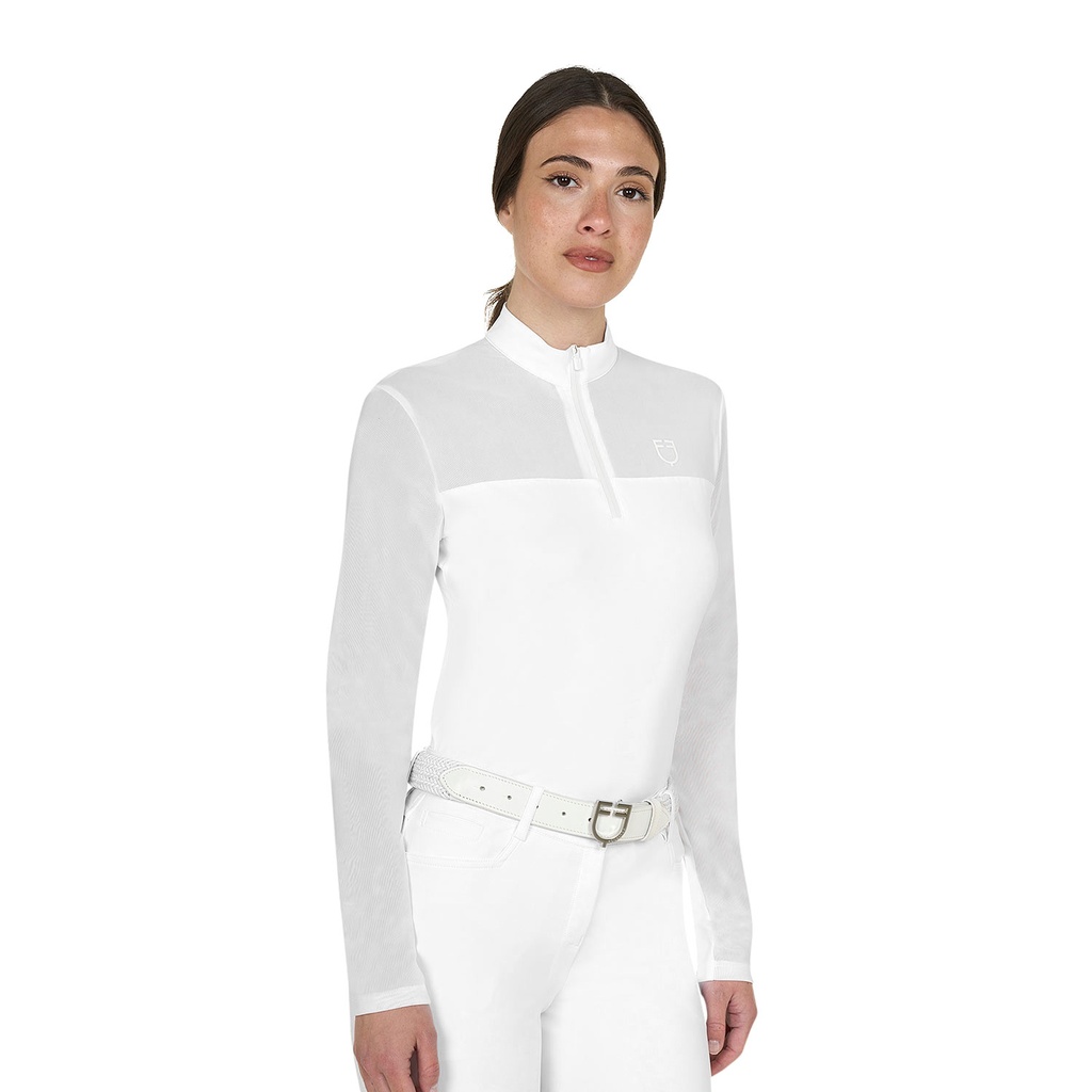 Polo feminino de manga longa com detalhes em micro mesh
