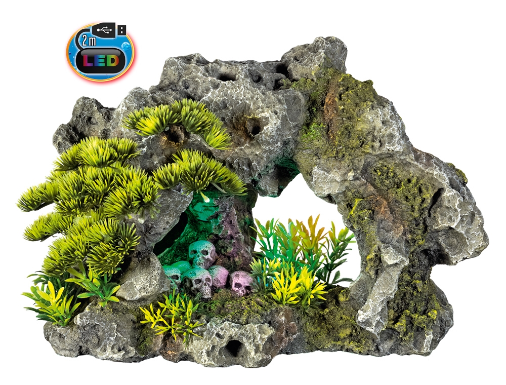 Decor Aqua com LED e plantas "ROCK WITH SKULLS" 