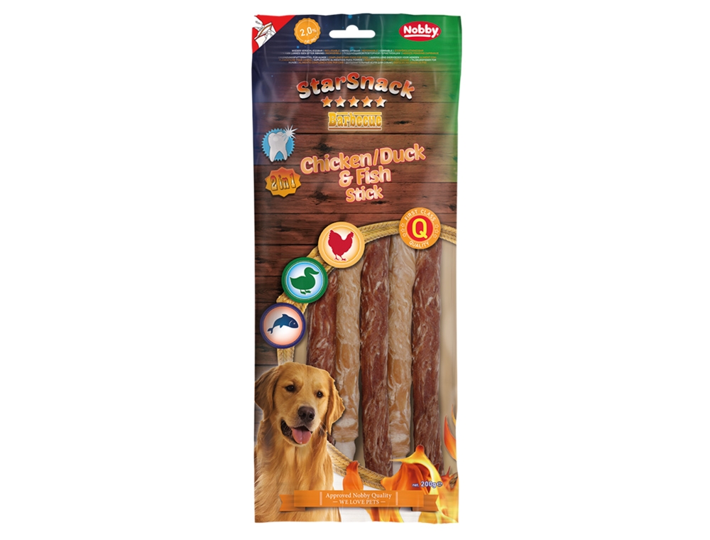 Snack stick de barbecue de galinha/pato e peixe